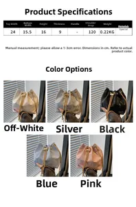 Detailed chart showing bucket bag dimensions and five available color options