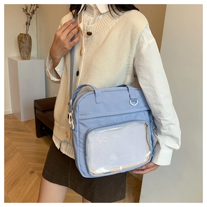 Close-up of light blue nylon crossbody bag featuring a unique clear front display pocket
