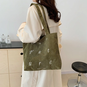 Large capacity dark green corduroy tote bag with Future embroidery for daily commute
