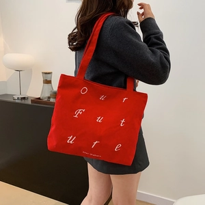 Large capacity red corduroy tote bag with Our Future lettering for women casual style