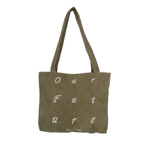 Large capacity army green corduroy tote bag with Our Future embroidery for women