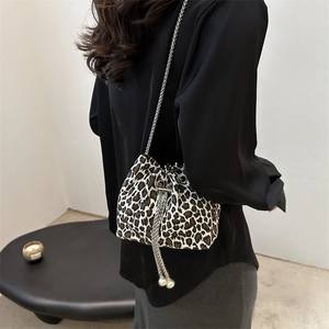 Trendy leopard print bucket bag with silver chain strap and stylish drawstring closure