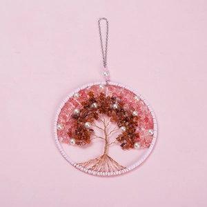 Pink Tree of Life dream catcher with crushed stones, pearls and pink hanging feathers