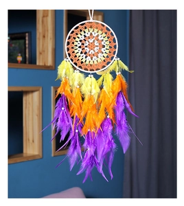 Detail of bohemian rainbow dream catcher with colorful feathers and white pearl beads