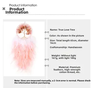 Pink tree of life dreamcatcher with natural feathers and 16cm diameter ring detail