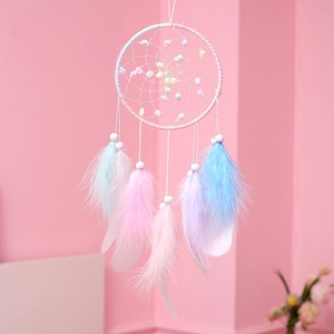 Macaron colored dream catcher with soft feathers and colorful beads hanging decoration