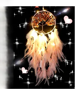 Pink tree of life dreamcatcher with LED lights and soft feathers for wall decoration