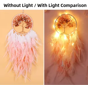 Pink Tree of Life dreamcatcher with LED lights comparison showing lit and unlit modes