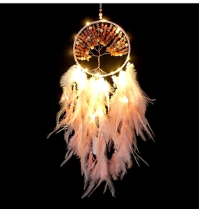 Glow Detail of Tree of Life Dream Catcher with pink feathers and LED lights