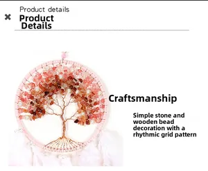 Detail of handmade Tree of Life dream catcher with pink gravel and white feathers