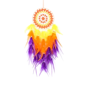 Handmade rainbow dream catcher with vibrant gradient feathers and pearl beads decor