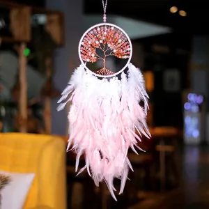 Tree Of Life Dream Catcher Pink Feather Crystal Stone Faux Artificial Pearl Handmade Wall Hanging Decor Bedroom Nursery Ornament