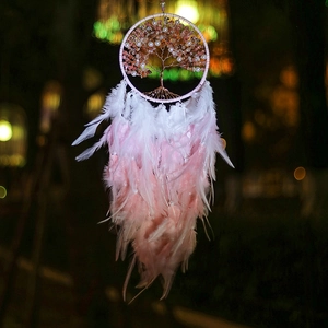 Pink crystal tree of life dream catcher with feathers for wall decor and home gifts