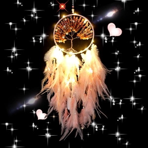 Pink Tree of Life Dream Catcher with LED lights and feathers for home decoration