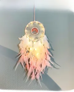 Pink feather dreamcatcher with tree of life beadwork and warm LED lights decor