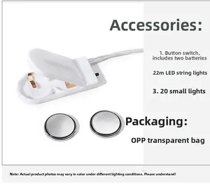 Detailed set of 2.2m LED light string with 20 bulbs, battery box, and button cells