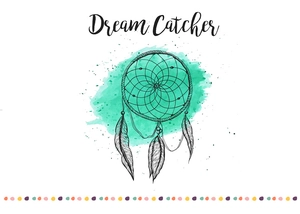 Artistic dream catcher illustration with white feathers and green watercolor accents