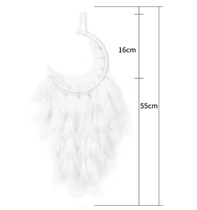 Detailed dimensions of white moon dreamcatcher with feathers showing 16cm width and 55cm height
