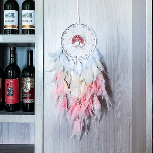 Handmade Tree Of Life Dreamcatcher With Feathers Beads Pink White Gradient Wall Hanging Decor For Home Bedroom Girls Gift