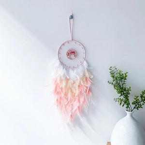 Handmade Tree of Life dream catcher with pink gradient feathers and stone beads