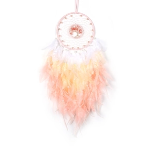 Pink Tree of Life dream catcher with gradient feathers and pearls for wall decor