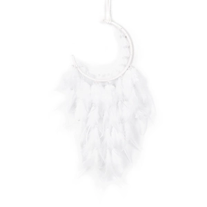 Moon-shaped white dream catcher with fluffy feathers and beads for wall decoration