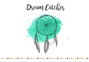 Artistic hand-drawn dream catcher with realistic feathers and teal watercolor background