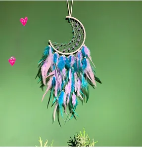 Detail of moon-shaped dreamcatcher with purple and blue feathers on a green wall