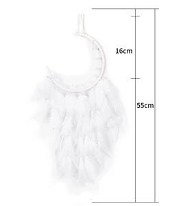 Detailed size view of white moon dreamcatcher with feathers, 16cm width and 55cm length
