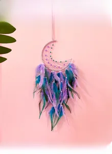 Detail of moon-shaped dream catcher with purple mesh and colorful feathers on pink wall