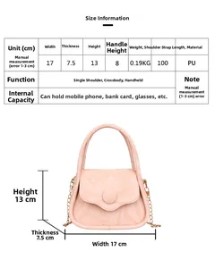 Pink marble texture PU bag size details and dimensions showing 17x13x7.5 cm capacity
