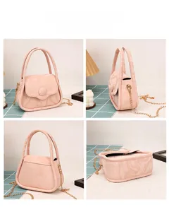 Detailed views of a pink marble-patterned mini bag with gold chain from multiple angles