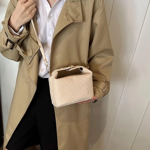 Chic off-white woven crossbody pillow bag for women with minimalist golden hardware