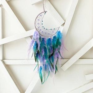 Moon-shaped dream catcher with purple and blue gradient feathers for wall decoration