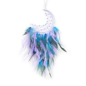 Moon-shaped dreamcatcher with gradient purple and blue feathers and white pearl beads