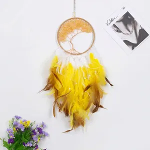 Acchiappasogni Albero Della Vita Con Piume Pietre Di Cristallo Gialle Decorazione Da Parete Fatta A Mano Camera Boho