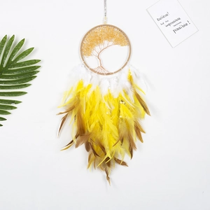 Acchiappasogni etnico Albero della Vita con pietre di cristallo e piume naturali decoro