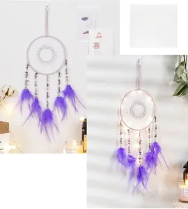 Detailed view of glowing purple dream catcher with amethyst stones and soft feathers