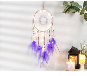 Detail of purple dreamcatcher with LED lights, amethyst stones and soft feathers