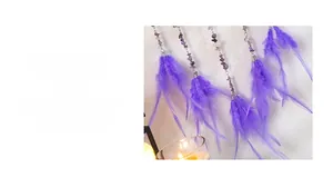 Detail of dream catcher featuring purple crushed stones and vibrant dyed feathers