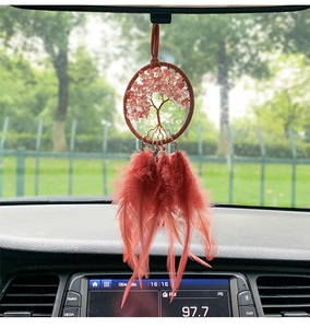Dettaglio del ciondolo per auto Albero della Vita con cristalli rosa e piume marroni