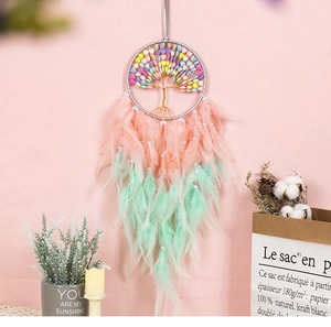 Detail of tree of life dreamcatcher with colorful heart beads and gradient feathers