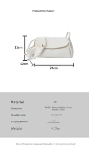 Detail view of white PU leather crossbody bag with lychee texture and size dimensions