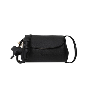 Minimalist black lychee pattern leather crossbody bag with cute elephant charm detail