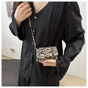 Detailed macro shot of mini leopard print crossbody bag with dual decorative buckles