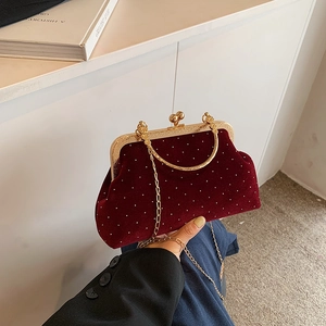 Vintage Velvet Evening Bag Gold Metal Handle Rhinestone Polka Dot Kiss Lock Shoulder Crossbody Clutch Women Party Wedding