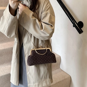 Vintage dark brown velvet shell bag with studs and golden chain strap for women