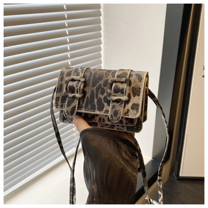 Detail of a leopard print mini square bag featuring vintage buckles and slim strap