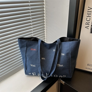 Women Denim Canvas Large Capacity Tote Bag Minimalist Letter Print Commuter Shoulder Bag Fashion Handbag Everyday Shopping Bag