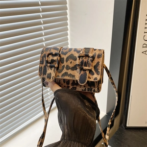Vintage Leopard Print Mini Crossbody Bag For Women PU Leather Square Shoulder Bag With Double Buckle Fashion Daily Purse